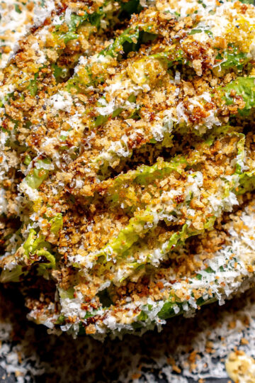 Close-up of a Caesar salad with romaine lettuce, topped with grated cheese, crunchy breadcrumbs, and creamy dressing on a dark plate.