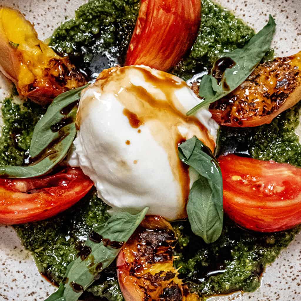 Charred Stone Fruit Salad w/ Pesto & Burrata