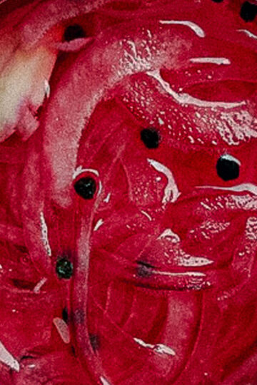 Close-up of pickled red onions with black peppercorns in a jar, showing vibrant pink slices and glossy texture.