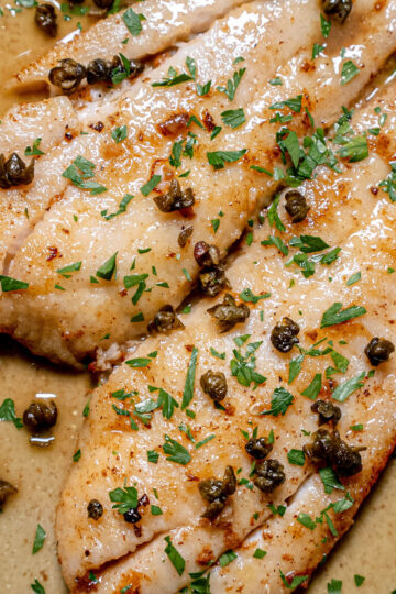 Two fillets of fish topped with capers and chopped parsley, served in a light brown sauce. The fish is golden-brown and garnished evenly, creating an appetizing presentation.