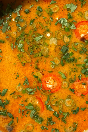 A close-up of a bowl of orange soup, garnished with sliced red chili peppers, chopped green herbs, and green onions. The soup appears creamy, with visible fresh cilantro sprinkled on top.