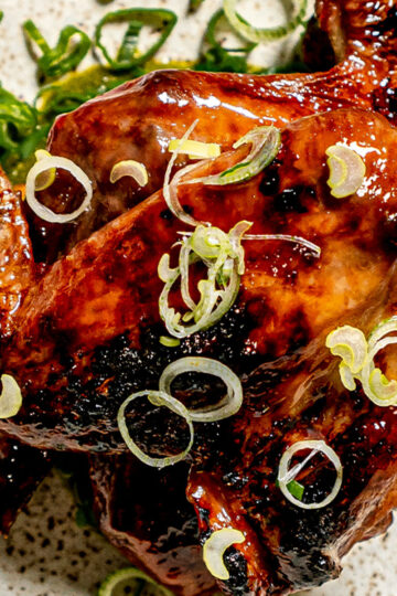 Grilled chicken glazed with a dark, shiny sauce, topped with thinly sliced green onions, served on a speckled plate with more green onions scattered around.