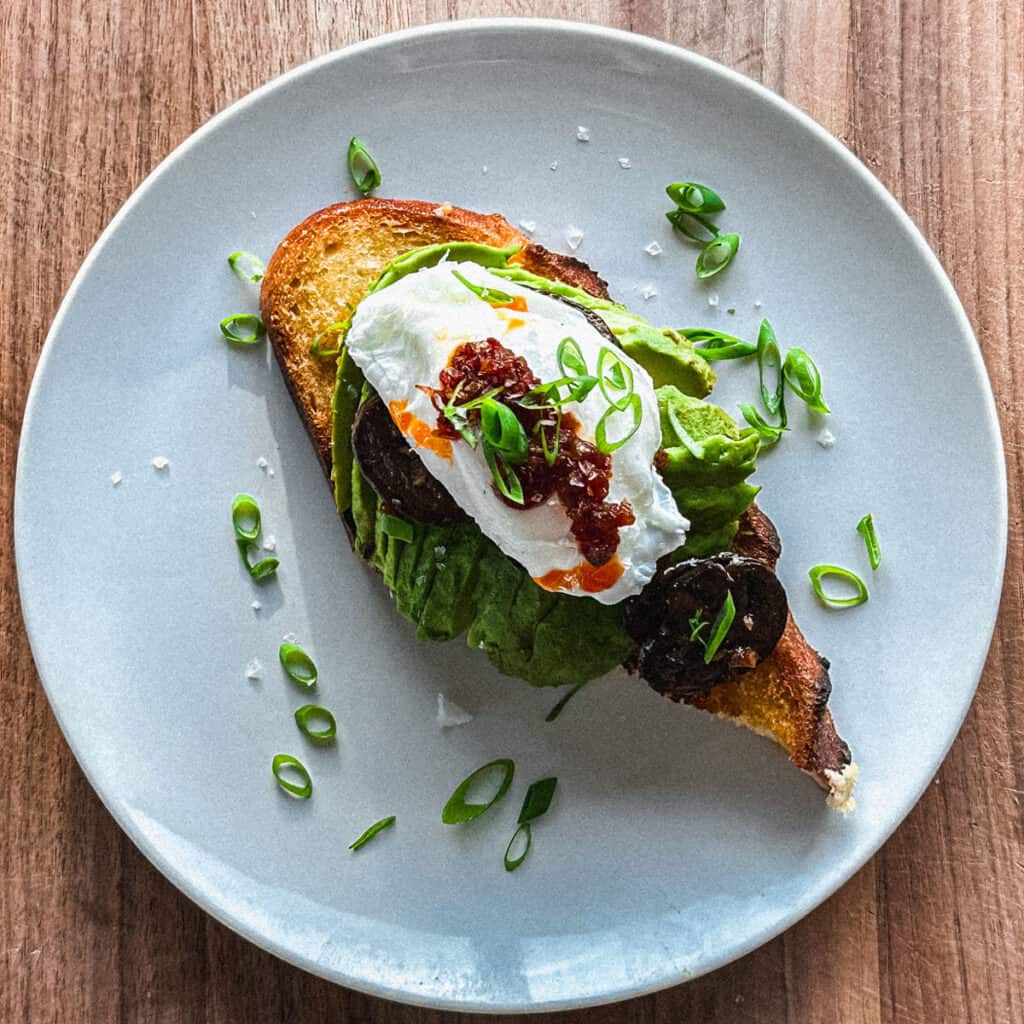Avocado Toast w/ Poached Egg & Garlic Chili Mushrooms