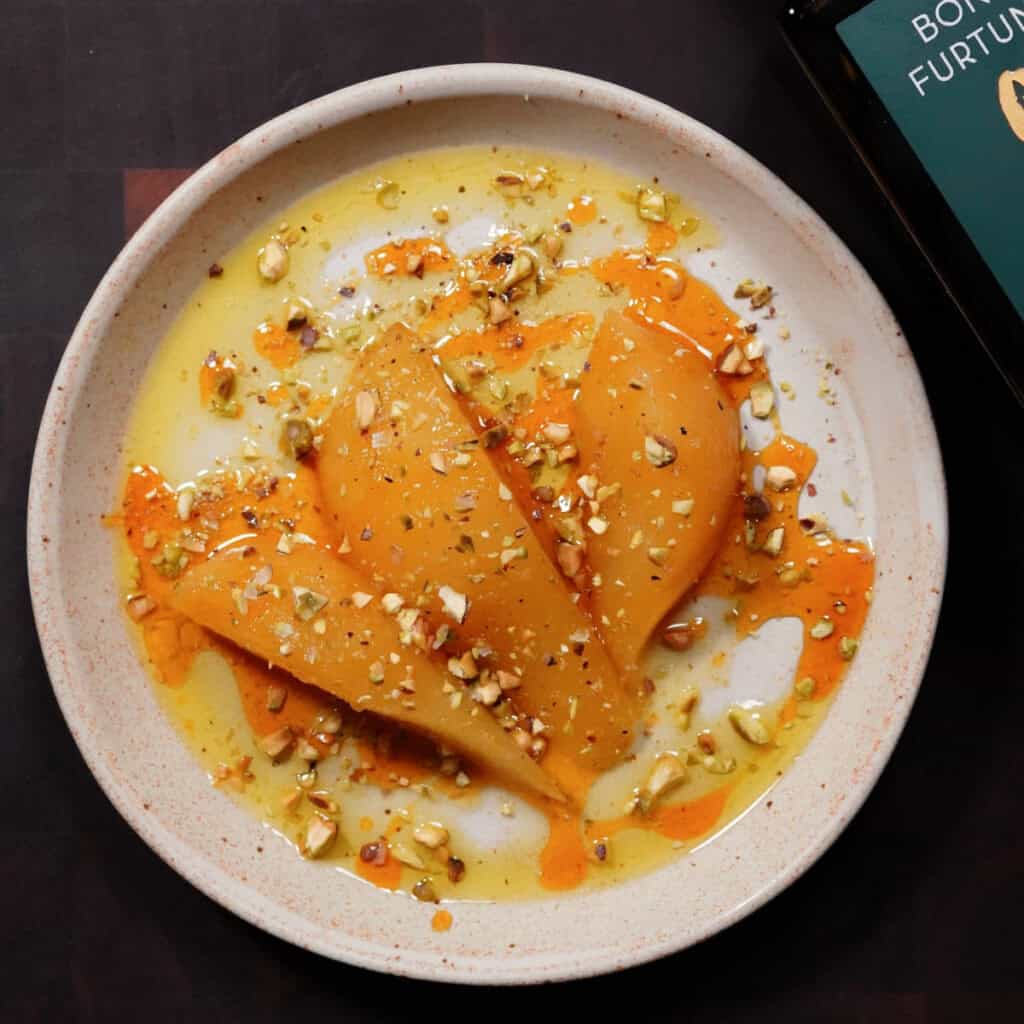 EVOO & Saffron Poached Pears with Vanilla Bean