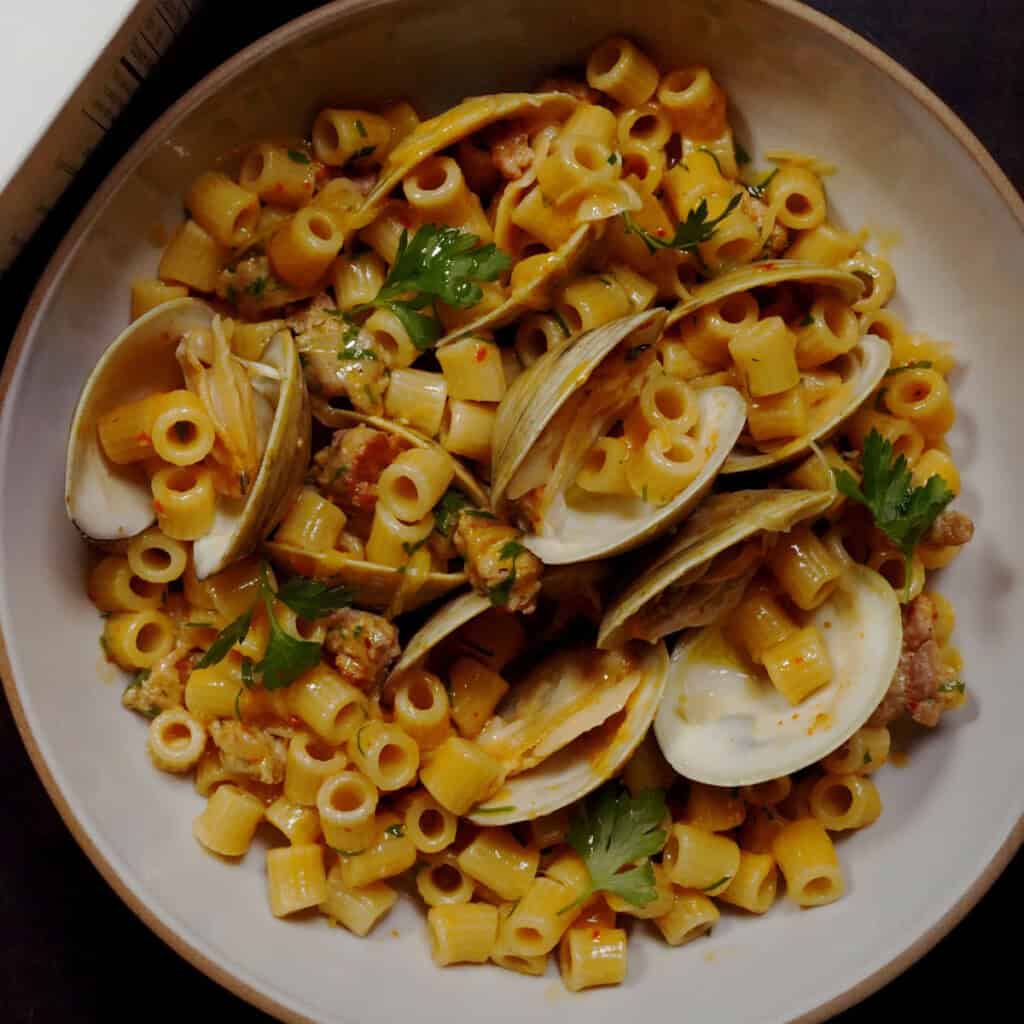 Ditallini with Red Pepper Pesto, Clams & Sausage