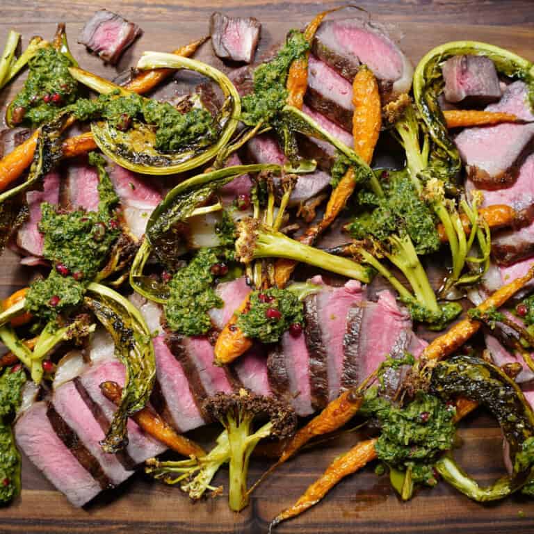 Imperial Wagyu Ribeye with Roasted Cauliflower, Heirloom Carrots, and Pomegranate Salsa Verde