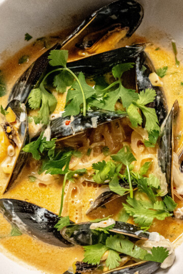 A bowl of mussels in a creamy, orange-colored broth, garnished with fresh cilantro leaves and sliced garlic. The mussels are open, showing their meat, and the dish appears flavorful and aromatic.