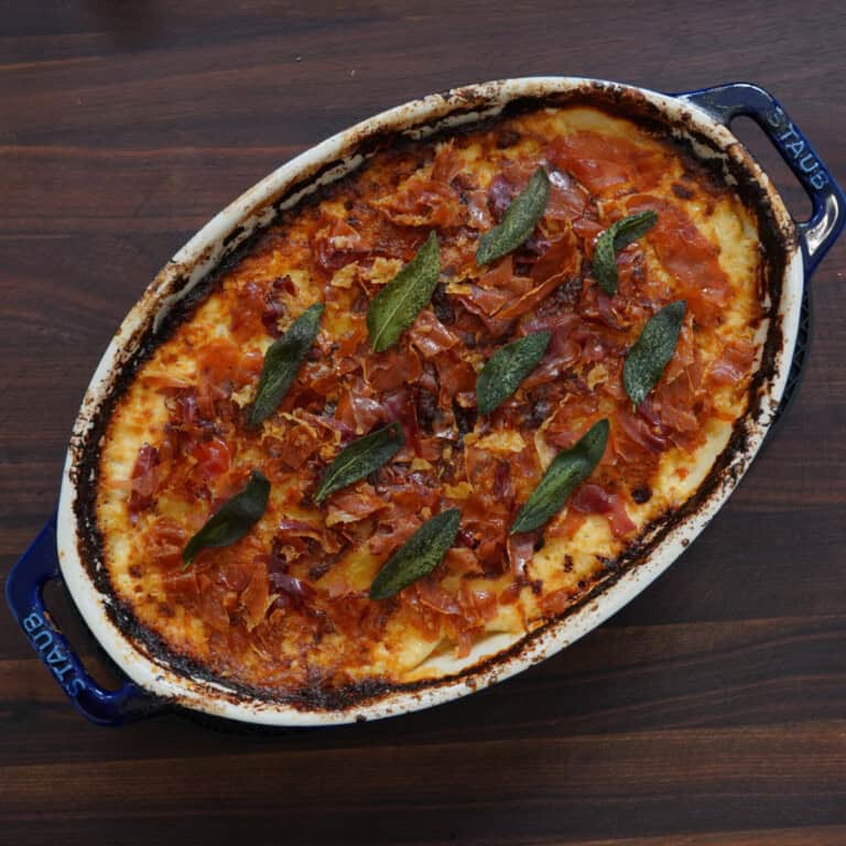 Crispy Sage Potato Gratin with Gruyère, Pecorino & Crispy Speck