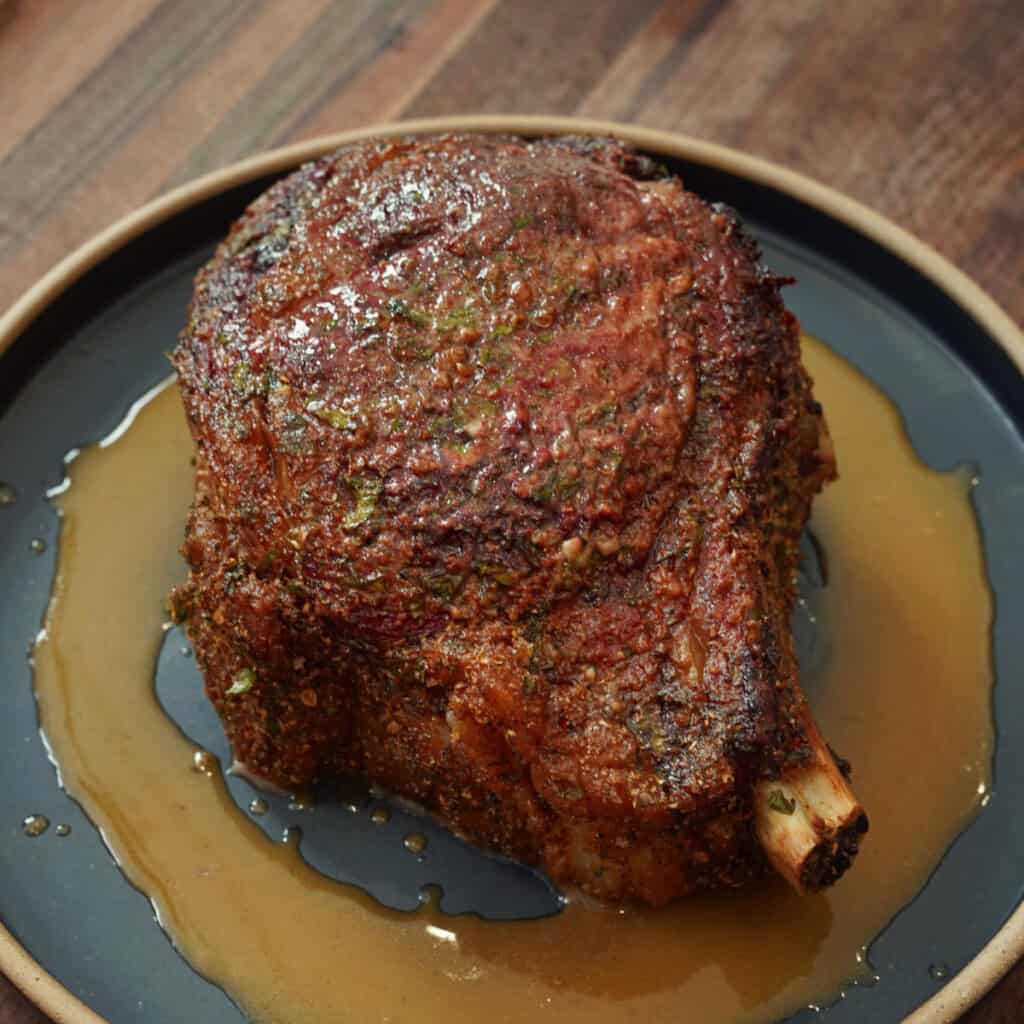 Smoked Porcini-Crusted Prime Rib with Roasted Shallot and Brown Butter Jus