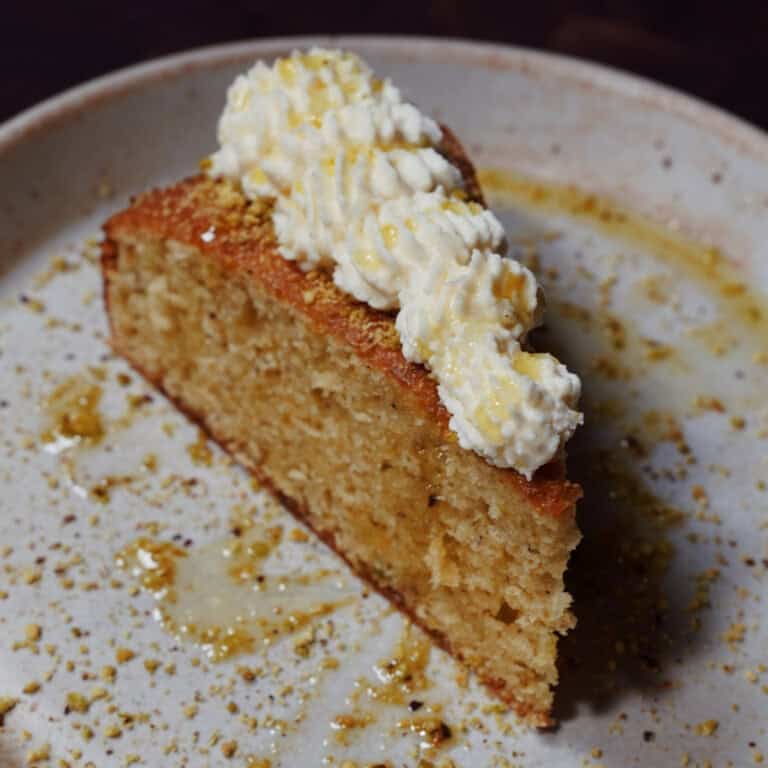 EVOO & Pistachio Olive Oil Cake with Lemon Mascarpone