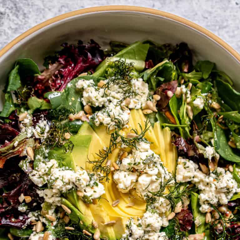 Greens with Marinated Feta & Shallot Dijon Vinaigrette