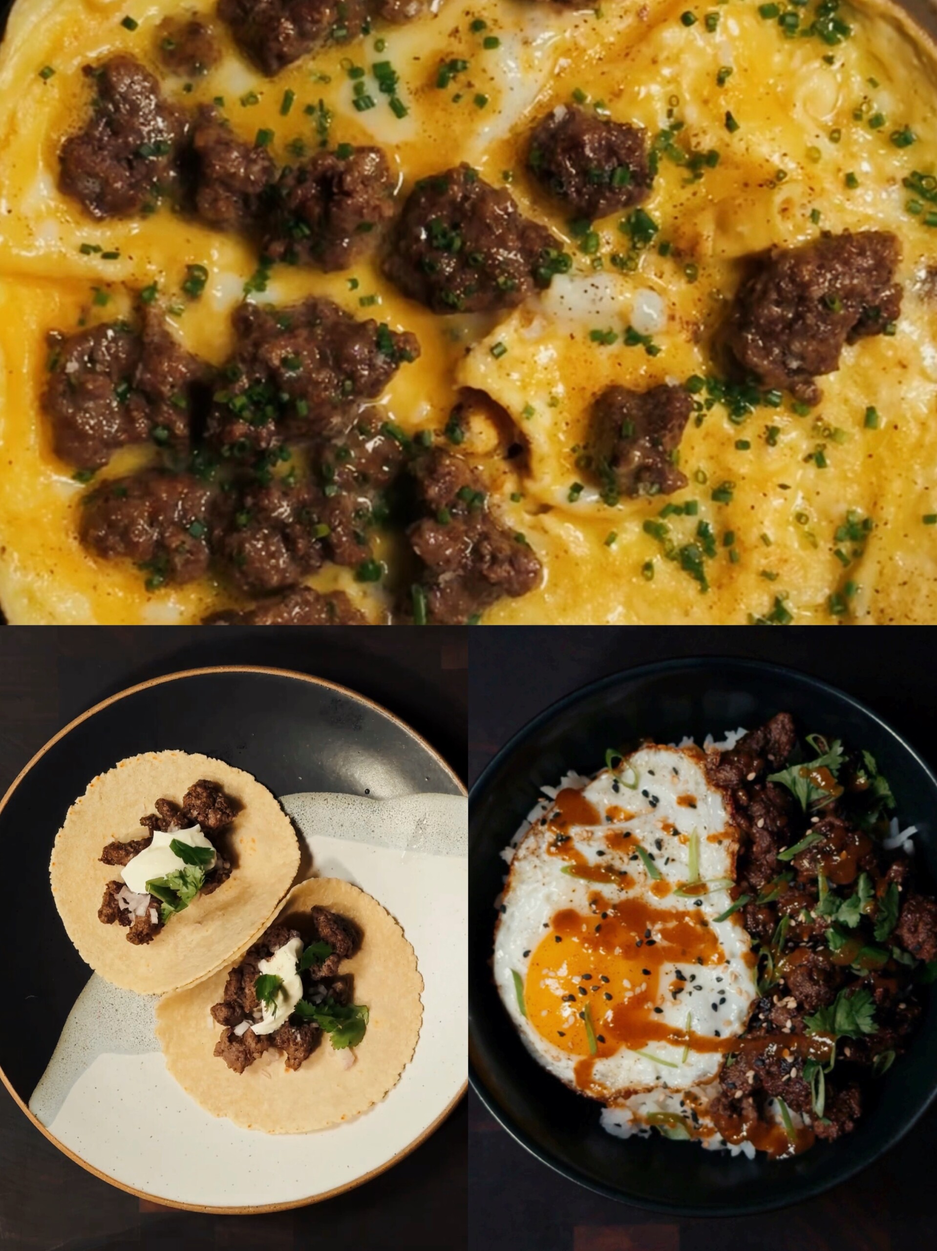 Three dishes made with ground beef: scrambled eggs with beef and chives, two tacos with beef and sour cream on corn tortillas, and a bowl with fried eggs, beef, herbs, and sauce.