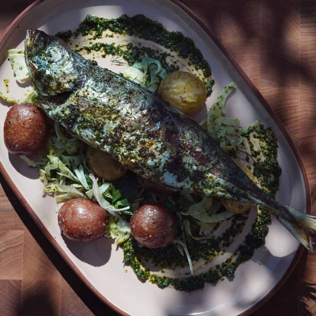 Whole Roasted Branzino with Pesto Potatoes & Herb Fennel Salad