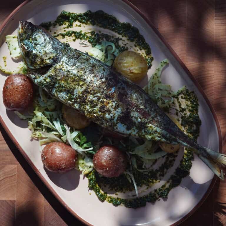 Whole Roasted Branzino with Pesto Potatoes & Herb Fennel Salad