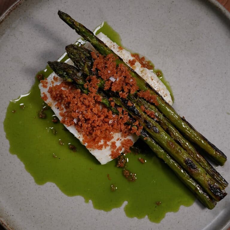 Olive Oil Poached Halibut with Chive Oil and Charred Asparagus