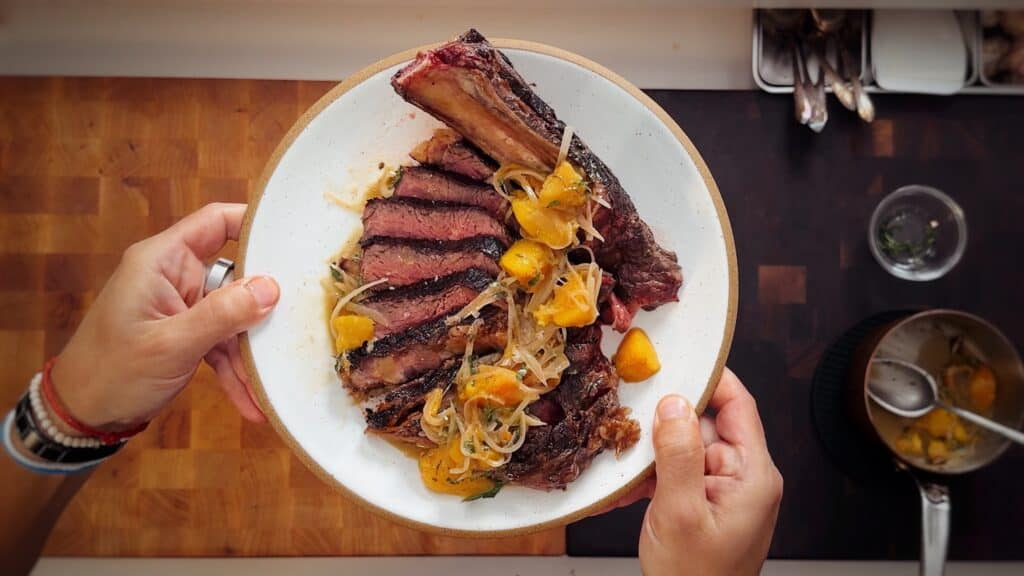 Beef Chuletón with Peach Sauce