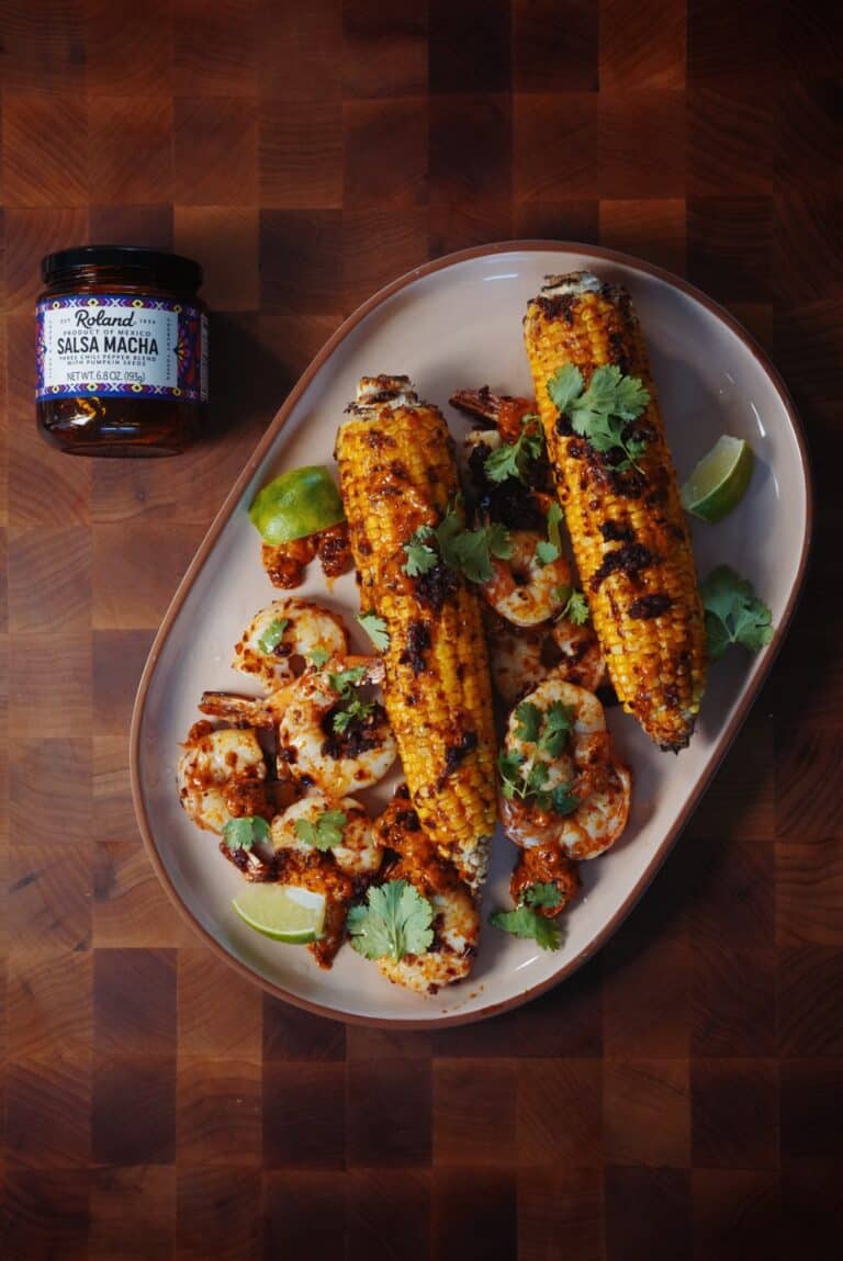 Salsa Macha Grilled Shrimp with Grilled Corn & Macha Mayo