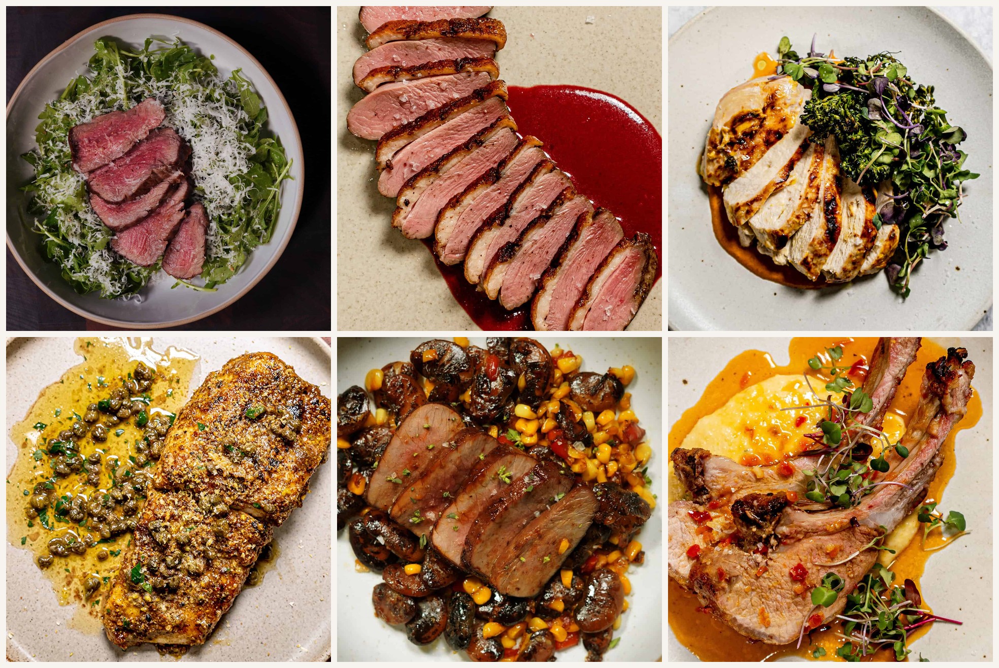Six dishes that rest before serving: sliced beef filet, seared duck breast, sliced chicken breast, crusted halibut, venison medallions and a pork chop, each cut to show an evenly cooked interior.