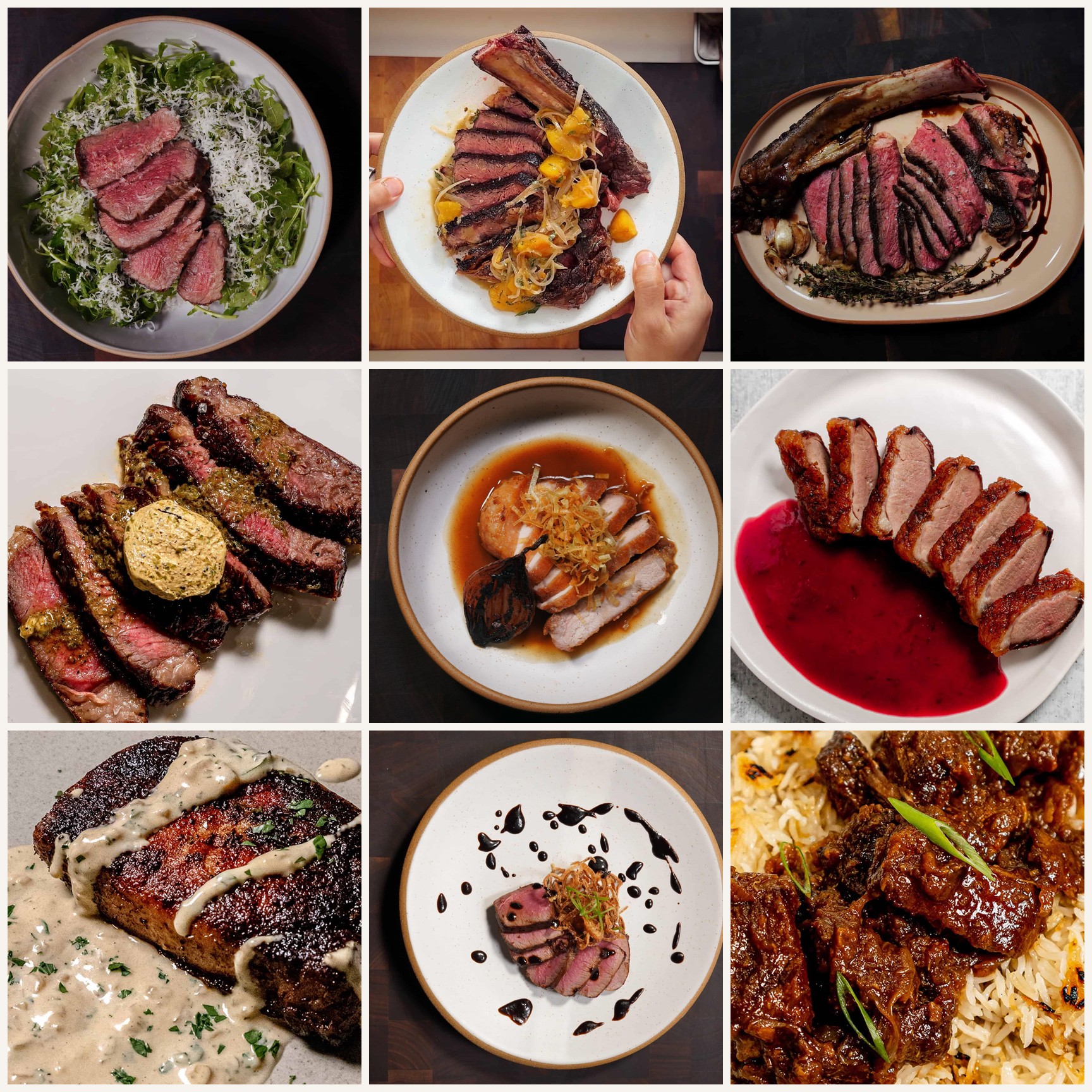 Nine dishes from across the site, one for each technique: seared steak, duck, pork, venison, a braise and a whole roast chicken.