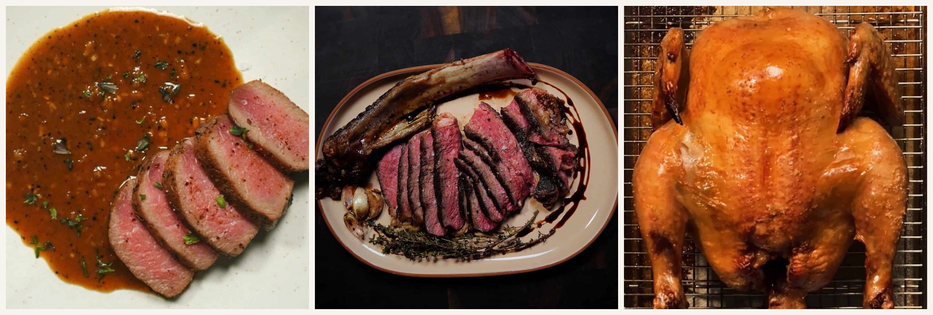 The same technique at three sizes: a sliced venison medallion, a bone-in tomahawk, and a whole roast chicken on a rack.