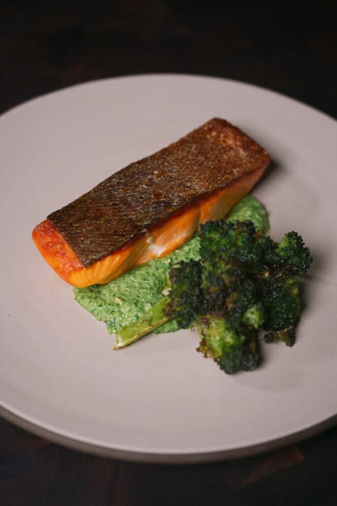 Crispy Skin Ora King Salmon with Snap Pea Pesto and Roasted Broccoli