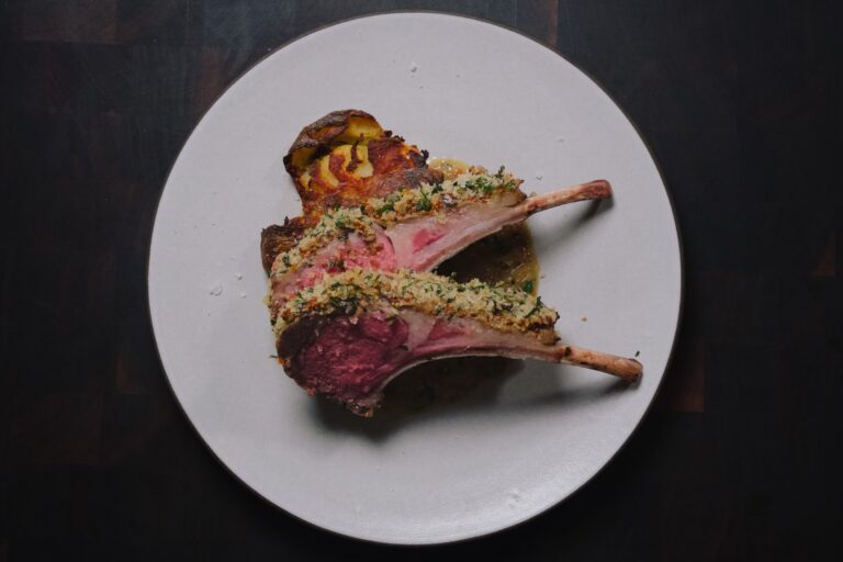 Herb Crusted Rack of Lamb with Mustard Pan Sauce